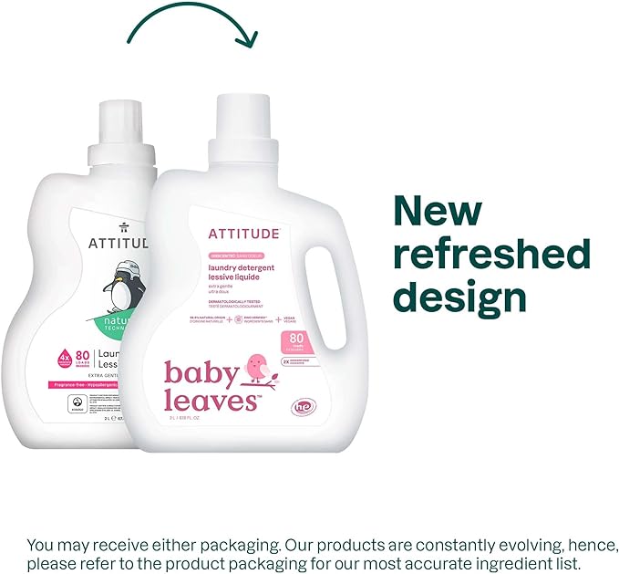 ATTITUDE Baby Laundry Detergent Liquid, EWG Verified, Safe for Baby Clothes, Infant and Newborn, Vegan and Naturally Derived Washing Soap, HE Compatible, Unscented, 80 Loads, 67.6 Fl Oz