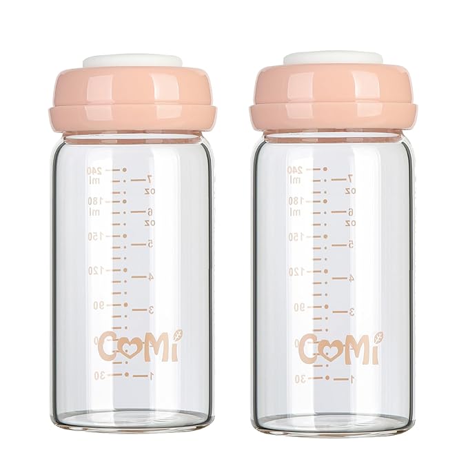 COMI Wide Neck Glass Breastmilk Collection n Storage Bottle, 8oz with Screw Ring Sealing Disk; Re-markable Sealing Disc. BPA Free, Fits Breast Pumps & Nipples (2 Pink Lids)