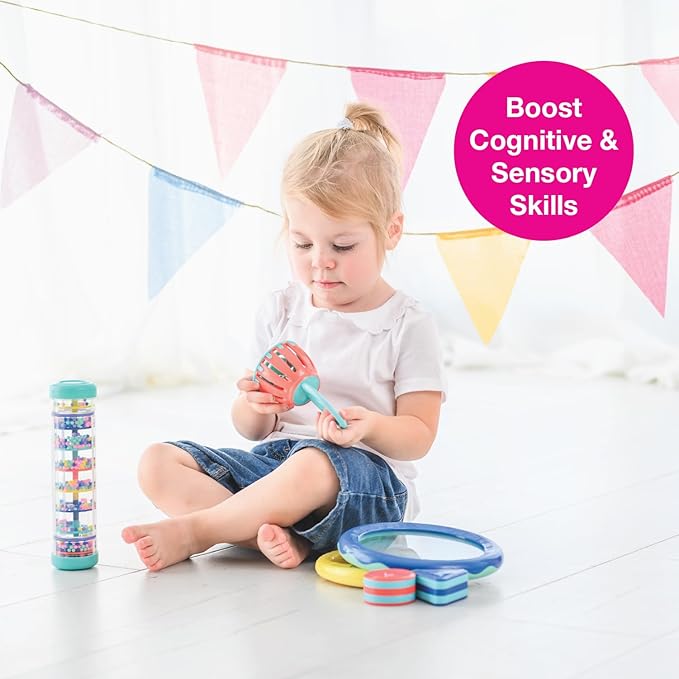 Edushape First Birthday Gift Set - Baby Musical Instruments & Toddler Music Set - Music Toys Baby Gift – Includes Hand Drum, Rain Stick, Shakers, Bell - Interactive Toddler Music Toys for Toddlers 1-3