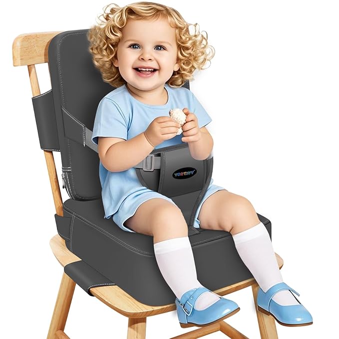 Toddler Booster Seat for Kitchen Chair, 2-in-1 Dining Table Booster Seat with Backrest & Adjustable Straps – Easy-Clean, PU Portable Toddler Eating Travel Increasing Cushion - Dark Grey