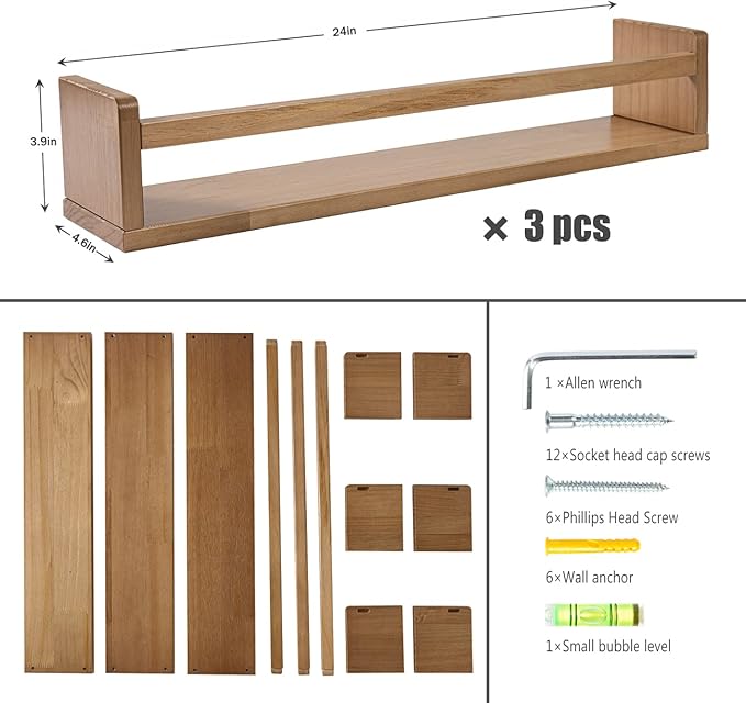 AZSKY Nursery Shelves Light Walnut Floating Book Shelf Organizer for Baby Nursery Décor Wall Book Shelves for Kids Room 24 Inch Wood Wall Ledge Shelves for Bathroom Kitchen Spice Rack a Set of 3
