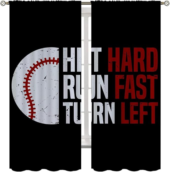 Baseball Blackout Curtains for Boy Girl Room Darkening Decor,Sport Theme Red and White Motto Dark Bedroom Living Room Home Rod Pocket Thermal Insulated Window Curtain/Drapes Panel,55x63 Inch…