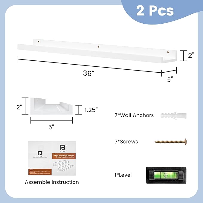 Picture Ledge Shelf for Wall, 36 inch Solid Pine Wood Nursery Book Shelves 2 Packs, Floating Ledge Shelves for Kids' Room Bedroom Bathroom Living Room Photo Frames Office Nursey Wall Decor, White