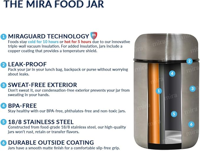 MIRA 2 Pack Insulated Food Jar thermos for Hot Food & Soup, Compact Stainless Steel Vacuum Lunch Container, 13.5 oz, Purple, Pearl Blue