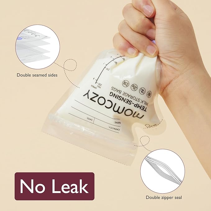 Momcozy Easy Pour Breastmilk Storage Bag, 8Oz, Temp-Sensing Color Change, 60 Count Milk Bag with Self Standing for Breastfeeding, No Leak Presterilized for Freezer, Recyclable & BPA Free
