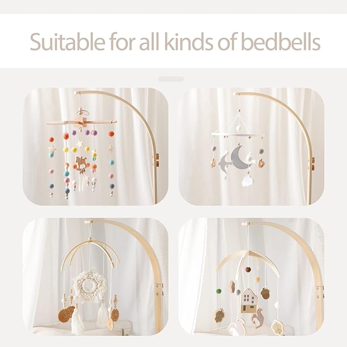 Baby Crib Mobile Arm - Wooden Baby Mobile Crib Holder for Hanging Baby Crib Attachment for Nursery Decor (Curved Structural Arm)