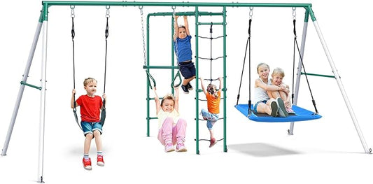 Hapfan Swing Sets for Backyard with Monkey Bars, Belt Swing, Platform Swing, Climbing Net, Trapeze Bar, Outdoor Playset for Kids