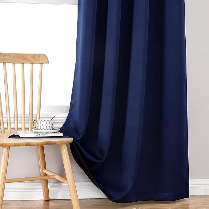 ChrisDowa 100% Blackout Curtains 63 inch Long for Bedroom with Black Liner, 2 Thick Layers Total Blackout Thermal Insulated Grommet Window Curtains 2 Panels Set (Navy Blue, 38 x 63 Inch)