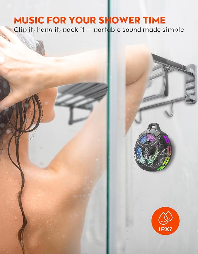Waterproof Bluetooth Shower Speaker, Suction Cup, Small Portable Wireless IPX7 Waterproof Outdoor Speakers, Loud Stereo Sound Deep Bass, TWS Pairs, 6 Mode RGB Lights, All Ages Gift for Christmas