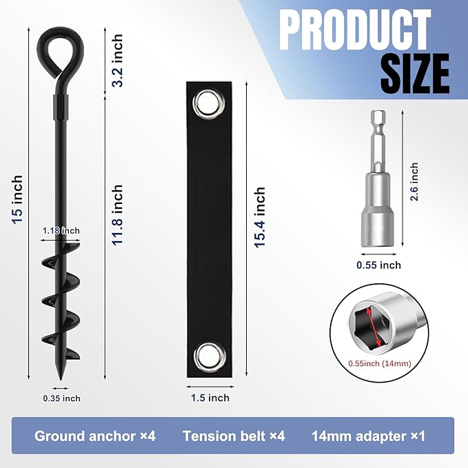 Eurmax USA Trampoline Stakes Screw in Tent Stakes Parts Heavy Duty for Canopies,4-Pack Outdoor Anchor Kit with Straps(Black)