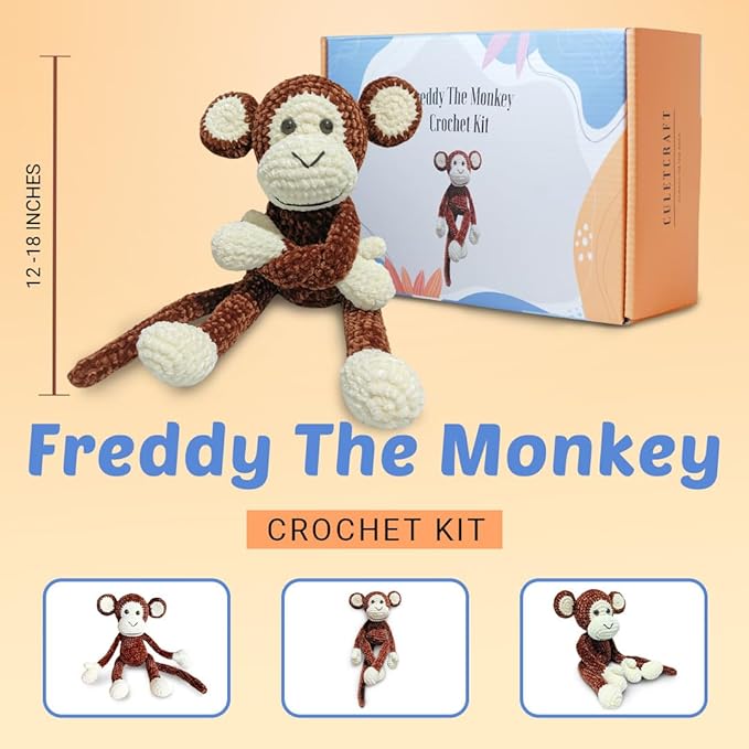 CULETCRAFT Crochet Kit for Beginners Adults, Freddy The Monkey DIY Crochet Animal Kit for Beginners, Learn to Crochet with Step-by-Step Instruction Book, Beginner Crochet Kit for Adults and Kids