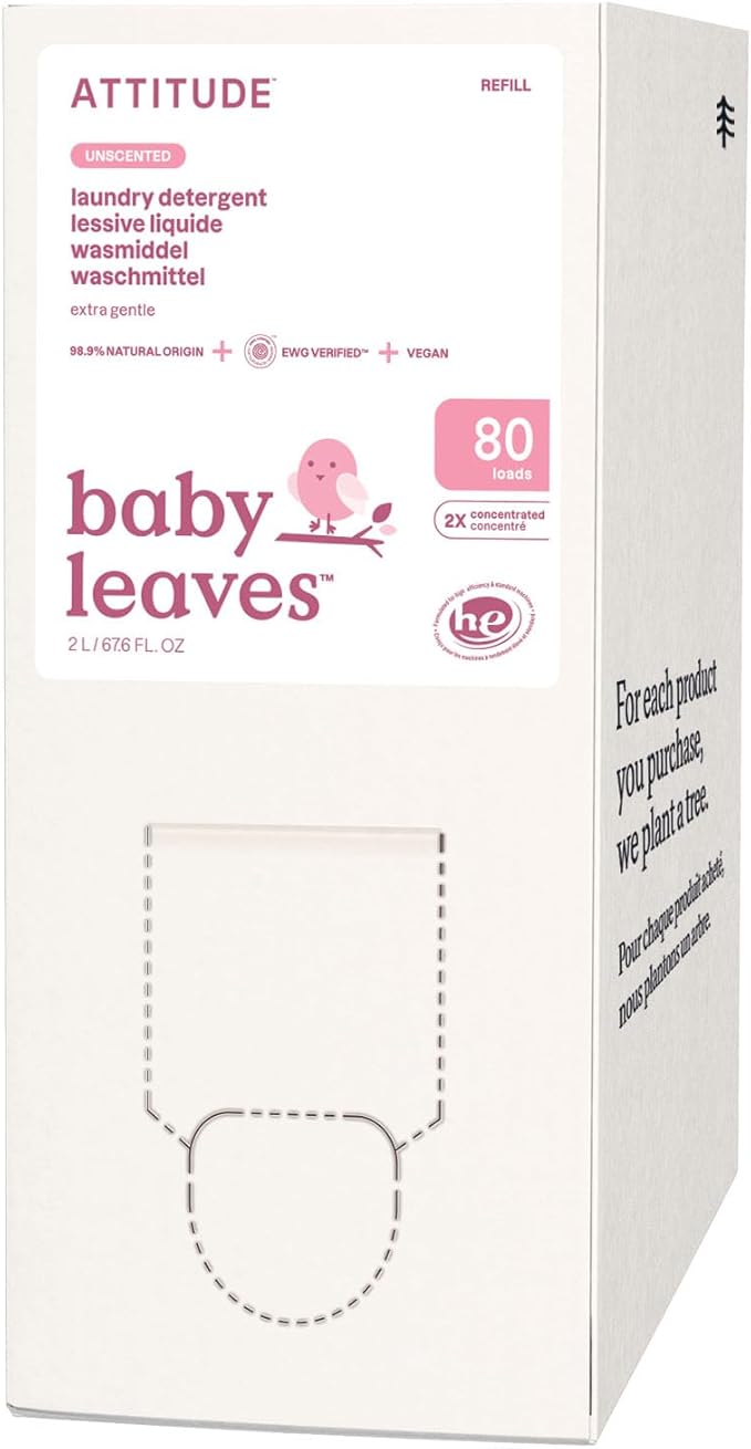 ATTITUDE Baby Laundry Detergent, EWG Verified, Plant and Mineral-Based Formula, HE Compatible, Vegan Household Products, Unscented, 80 Loads, 67.6 Fl Oz (Package may vary)