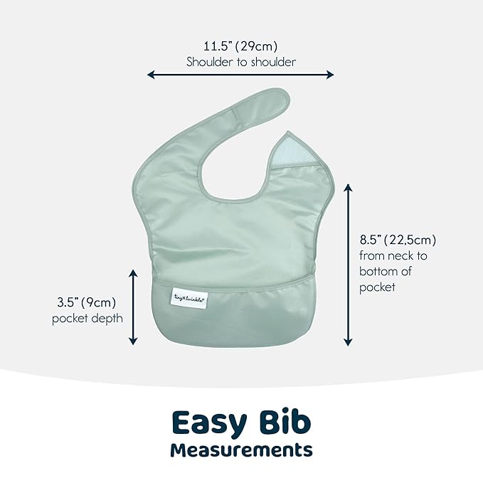 Tiny Twinkle Mess Proof Baby Bibs for Eating - Waterproof, Wipeable Bibs - Toddler Bibs - Travel Friendly - PFAS, PVC, BPA, Phthalate Free - Baby Food Bibs (3 Pack,Sage, Charcoal)