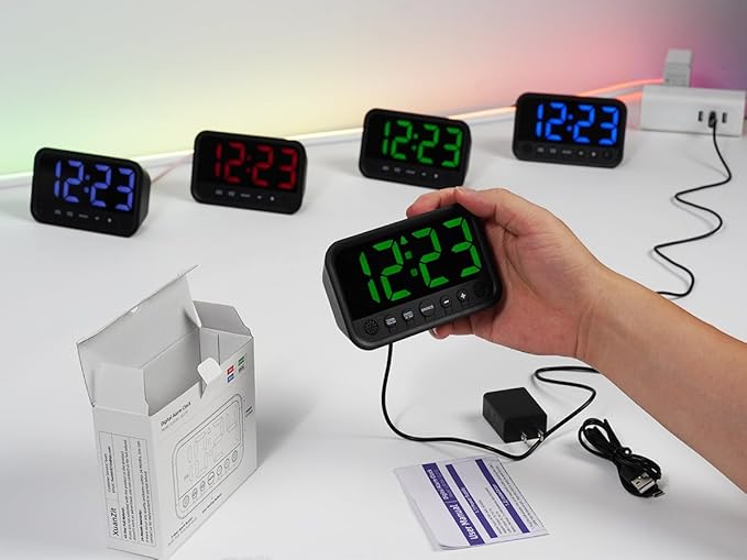 Small LED Digital Clock for Bedroom, Loud Alarm Clock for Heavy Sleepers Adults, Teens | Plug-In Electric Desk Clock | Simple Bedside Nightstand Clock with Adjustable Volume/Brightness/Snooze – Blue