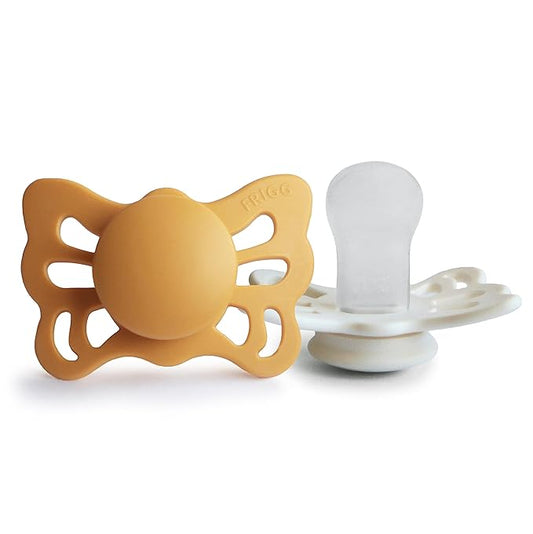 FRIGG Butterfly Anatomical SilkySoft Silicone Baby Pacifier | Made in Denmark | BPA-Free (Honey Gold/Cream, 0-6 Months)