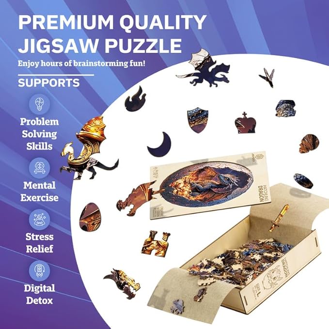 Jigfoxy Wooden Puzzle for Adults, Hatchling Dragon Wooden Jigsaw Puzzles for Adults, Unique Animal Shape Wood Cut Puzzles for Family Friend Puzzle Lovers(L-13.5 * 11.2in-257pcs)