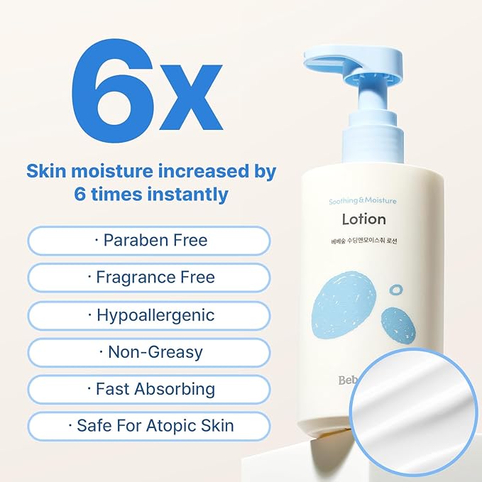 BEBESUP- 베베숲 Daily Hydration Baby Lotion | Korean Skincare for Sensitive & Atopic Skin 100-Hour Hydration Organic Rice & Ceramide Formula Hypoallergenic Fast Absorbing 10.14 fl. oz
