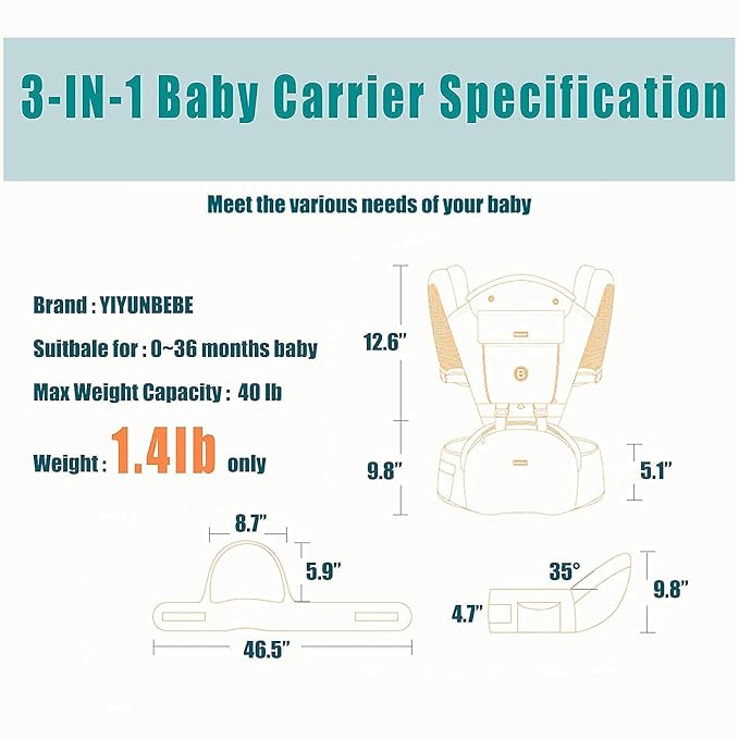 Baby Carrier, 3-in-1 Baby Carrier Newborn to Toddler with Hip Seat (Ergonomic M Position) for 0-36 Month/7-45lbs, Adjustable Size for Enhanced Lumbar Support,Perfect for On-The-go, Dark Blue