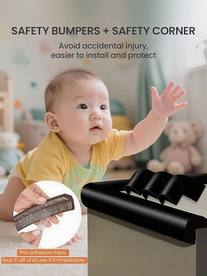 Baby Proof Edge Corner Protector, 6.56FT 0.47''Th L-Shape Furniture Corner & Edge Safety Bumpers with 6 Corners, Pre-Taped, Soft NBR Rubber Foam Desk Edge Cushion Wall Corner Protector（Black）