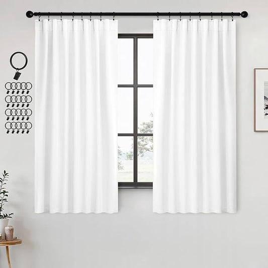 ANRODUO Back Tab Blackout Curtains for Bedroom Living Room, Rod Pocket Pinch Pleated Thermal Insulated Room Darkening Curtains 63 Inches Long 2 Panels, White, 42 x 63 Inch