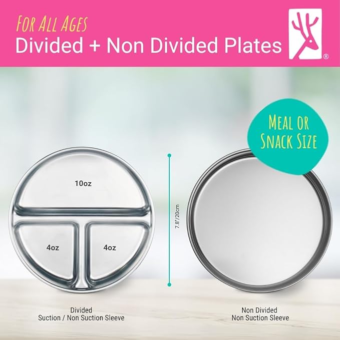 Elk and Friends 7.8” Stainless Steel Non Divided Plates with Silicone Sleeve + Storage Lid | Baby, Toddler, Kids | Dishwasher Safe | Dinner & Snack Plates | 4 Pack