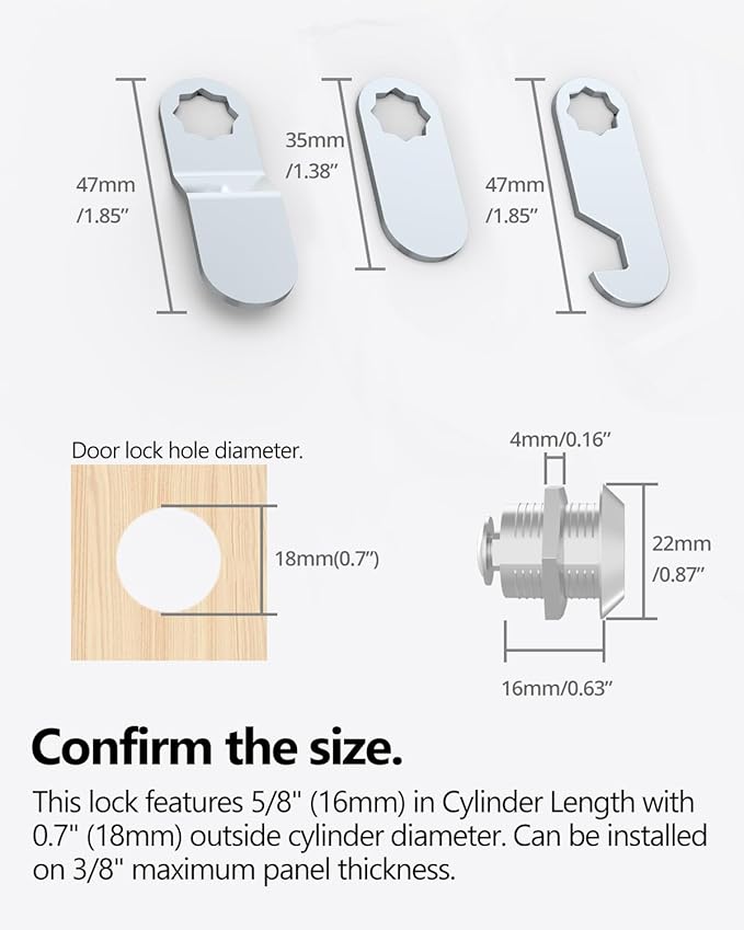 8 Packs Drawer and Cabinet Locks (Keyed Different) Secure Important Files, 5/8Inch 16mm Cam Locks with 3 pcs Different Lock Plates for Cabinet Cupboard File Drawer Mailbox Dresser Kitchen