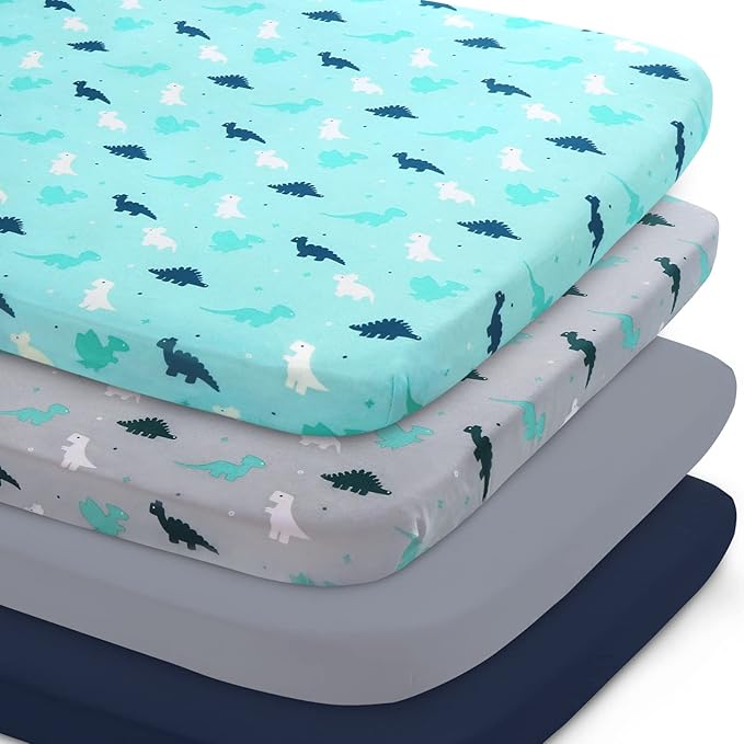 Mini Crib Sheets Set, 4 Pack - Portable Sheets (38" X 24") | Multiuse for Pack n Play, Playard, Playpen, Crib - Dinosaurs