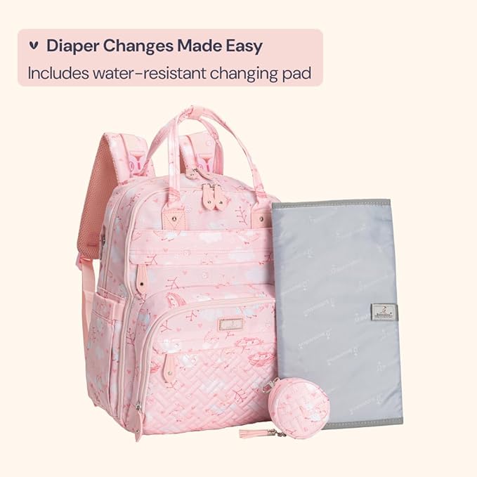 BabbleRoo Diaper Bag Backpack - Baby Essentials, Travel Essentials Baby Bag with Changing Pad, Stroller Straps & Pacifier Case - Unisex, Pink Birdy