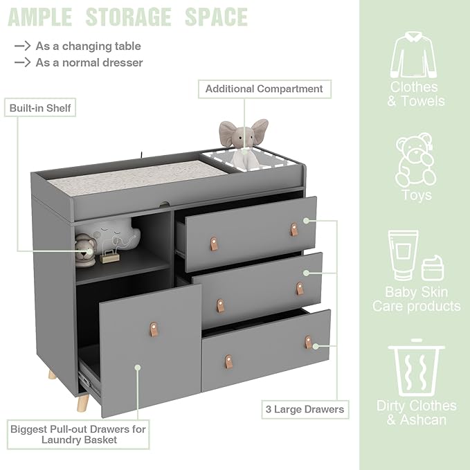 Baby Dresser Changing Table with Drawers,Shelf,Hidden Laundry Basket Storage,2 in 1 Nursery Dresser Chest for Infants, Baby Diaper Changing Station for Daycare,Bedroom,Grey