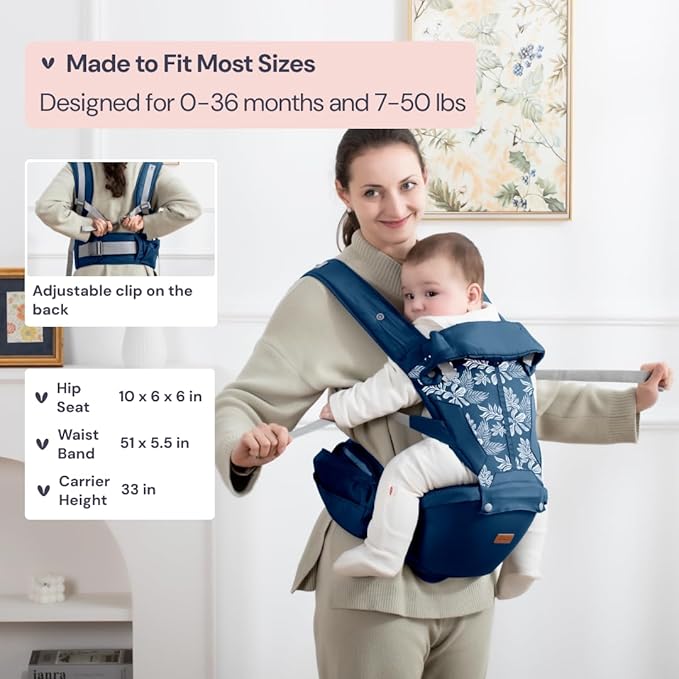 BabbleRoo Grow Carrier – Safety-Certified 6-in-1 Baby Carrier with Hip Seat, Ergonomic & Adjustable Toddler Carrier 7-50 lbs with Hip Support, Hood for Sun Protection, Newborn to Toddler, Denim Leaves