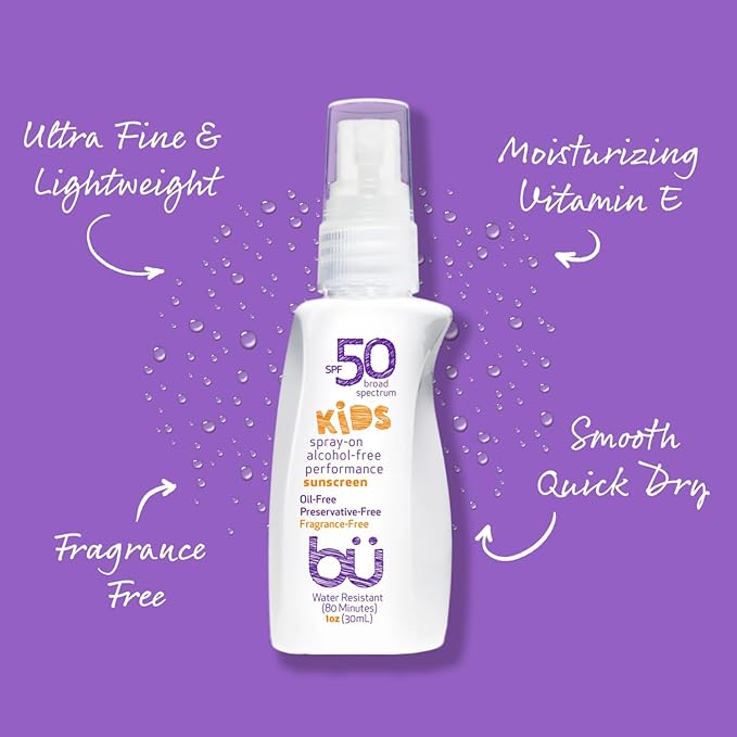 BU SPF 50 Kids Sunscreen Spray for Face and Body, Non Aerosol Spray, Fragrance Free, Clear, Non Greasy, Water Resistant, Fragrance Free 1 oz (3 Pack)