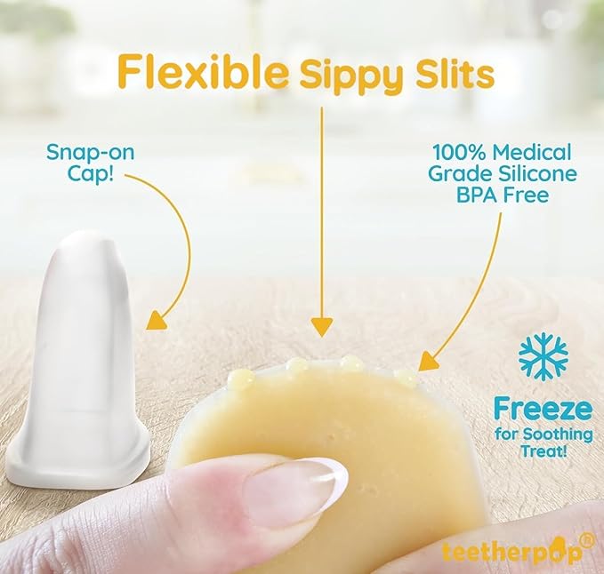 Teetherpop Fillable Silicone Teether for Babies – Breastmilk Popsicle Molds for Teething with Spill-Proof Sippy Slits – Freezable Baby Teethers for Liquids & Purées - Cool Relief BlueOrange, LimonTeal