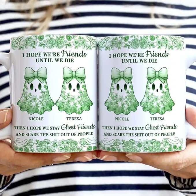 Personalized Mug - Trendy France-China Inspired Design - Fun Gift for Best Friends, Halloween Coffee Tea Cup - Cute Ghost Bestie Friends Until We Die Toile De Jouy Pattern