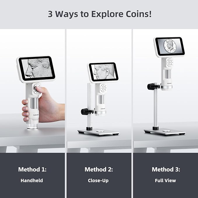 Andonstar Digital Microscope, 5" 1080P Coin Microscope Camera for Error Coin with 7.3" Metal Stand for Adults Kids, Handheld USB Coin Magnifier with 8 Adjustable LED Lights, Windows Mac PC View, AD115