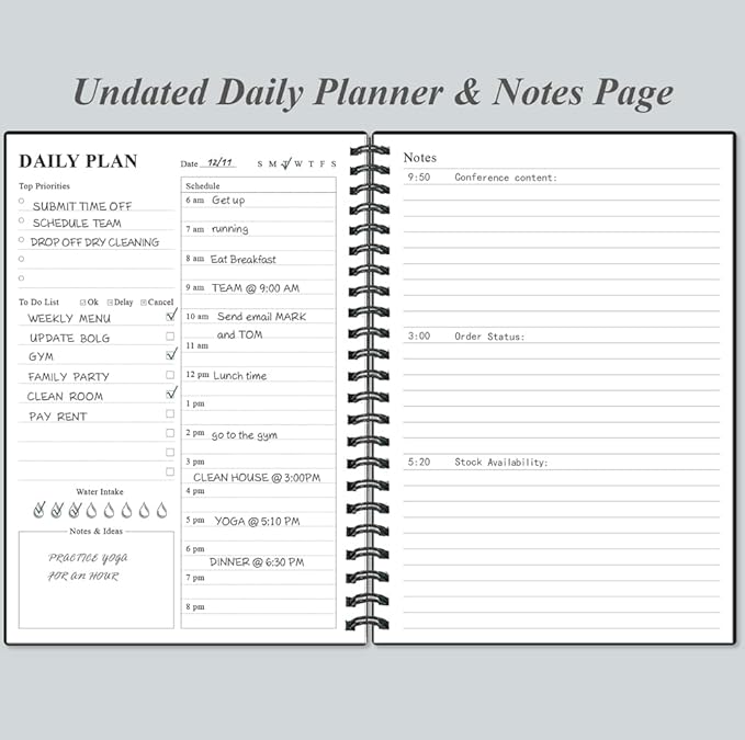 Daily Planner Undated - A5 To Do List Notebook Hourly Schedules, Spiral Appointment Planner for Women and Men, PVC Hardcover, Inner Pocket, Elastic Closure, 5.8" x 8.3", Black
