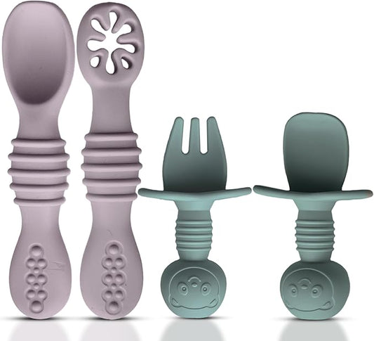 4pc Silicone Baby Spoons Self Feeding Baby Utensils 6-12 Months - 3 Baby Spoon - 1 Baby Fork - Toddler Cutlery Set - BPA Free, Dishwasher Safe, Baby Eating Essentials (Light pink/Army Green)