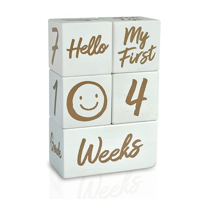 I'm Solid Wood Weekly Monthly Yearly Baby Milestone Age Blocks, Gender Neutral, Newborn Gifts & Keepsakes for Picture Props (5 Pcs/White)