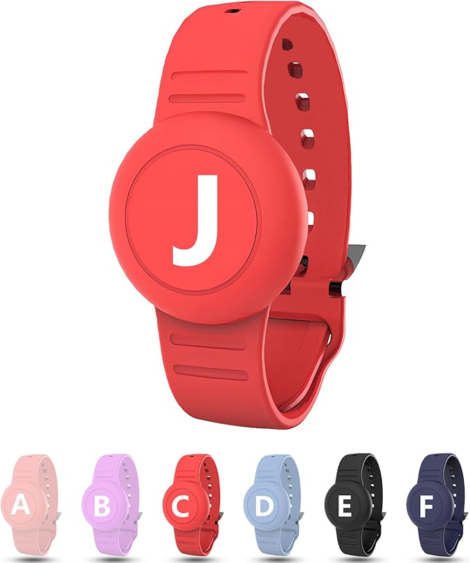 Waterproof Bracelet for AirTag Kids, Personalized Initial Letter Hidden Holder Compatible with Air Tag, Silicone Case for Airtag Adjustable Anti-Lost GPS Tracker for Toddler Child Elder, J