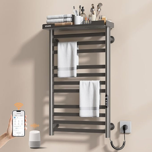 ENZE Heated Towel Rack with Shelf and Wi-Fi App Control, 11 Bars Electric Wall Mounted Towel Warmer with Timer & Adjustable Temperature, Low Carbon Steel, Plug-in/Hardwired, Gray