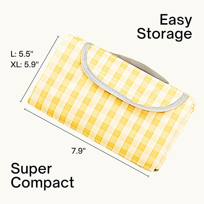 Cute Gingham Picnic Blanket, Waterproof Foldable, in Large 80x60in and Extra Large 80x80in, Portable Compact Beach Blanket, Oversized XL Outdoor Mat (Yellow, Large)