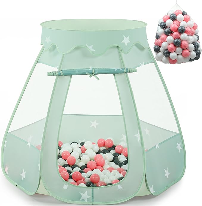 Baby Ball Pit for Toddler with 150 Balls, Kids Pop Up Play Tent for Girls, Princess Toys for Children Indoor & Outdoor Playhouse with Carry Bag (Celadon: Pink/White/Gray, 109x90cm/150 Balls)
