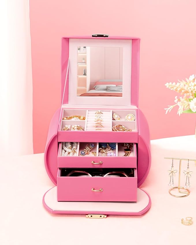 Homde Girls Jewelry Box Jewelry Storage Case Organizer with Mirror for Rings, Earrings, Bracelets, Necklaces (Pink + Gold)