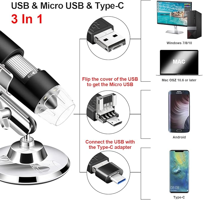 Digital USB Microscope Camera, 40X to 1000X, with Metal Stand & Carrying Case, Compatible with Android, Windows, Linux, Mac, Portable for Kids, Students, Adults