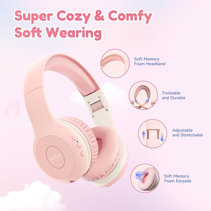 EarFun K2 Kids Bluetooth Headphones, Kids Headphones with Volume Limited, 40H Playtime, Built-in Mic, Stereo Sound, Foldable Over-Ear Headphone for School/Travel/iPad/Tablet, Pink