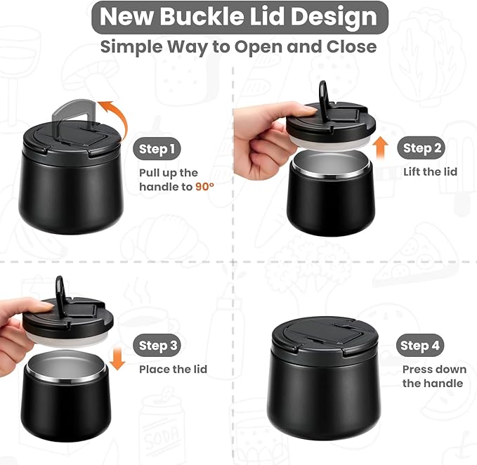 14oz Insulated Vacuum Food Jar with Buckle Lid,Soup Thermo for Hot Food Kids,Wide Mouth Leakproof Stainless Steel Lunch Container with Spoon-Black