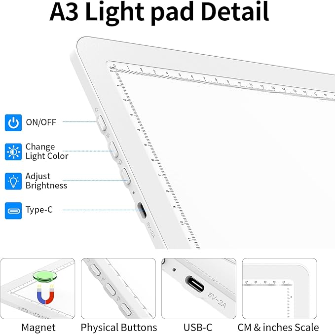 TOHETO A3 Light Board with Bag for Diamond Painting, Super Bright Magnetic Light Pad with Side Buttons, Lightbox for Tracing and Drawing, Corded Light Table for Sketching, Weeding Vinyl (White)