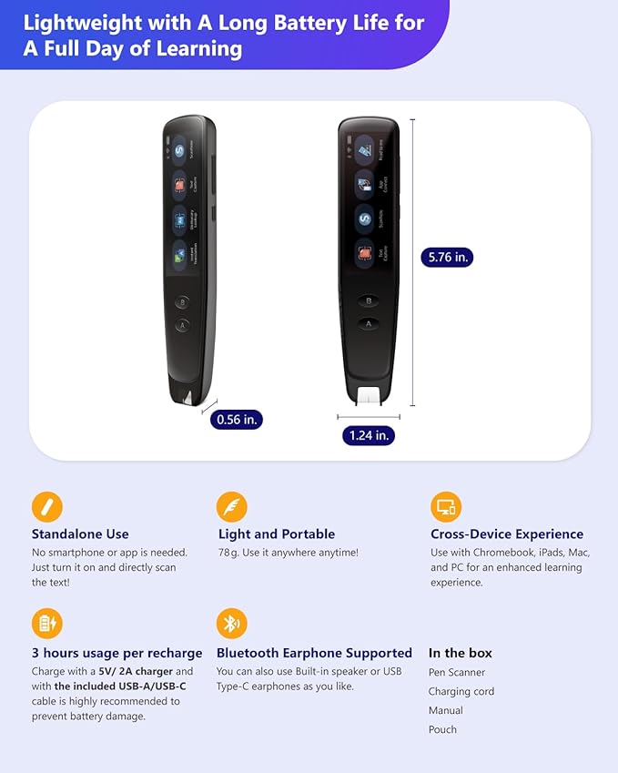 PenPower WorldPenScan Go - Translation Pen with Scanning, Reading, Audio Recording, Live Interpretation, and AI English Learning Platform for Kids & Adults