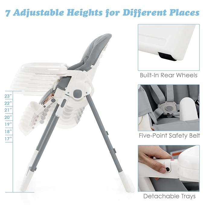 INFANS High Chair for Babies & Toddlers, Foldable Highchair with Multiple Adjustable Backrest Footrest Seat Height, Removable Tray, Detachable PU Leather Cushion, Built-in Rear Wheels (Light Grey)