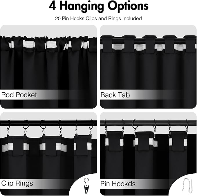 ANRODUO Back Tab Blackout Curtains for Bedroom Living Room, Rod Pocket Pinch Pleated Thermal Insulated Room Darkening Curtains 63 Inches Long 2 Panels, Black, 42 x 63 Inch