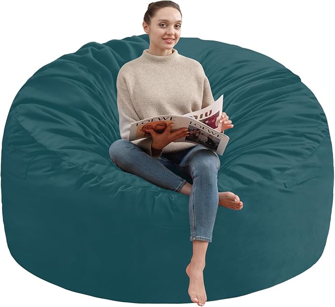 5FT Bean Bag Chair, Large Bean Bag Chairs with Memory Foam Filled, Fluffy Beanbag Sofa with Dutch Velvet Cover, Round BeanBag Chairs for Living Room, Playroom- Sea Blue